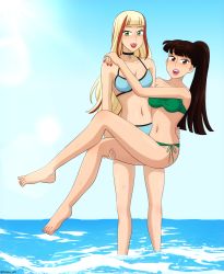 Rule 34 | 2girls, barbie movies, bare arms, bare legs, beach, bikini, black hair, blonde hair, blush, breasts, brown eyes, carrying, choker, cleavage, commentary, commission, couple, delancey, english commentary, green eyes, hand on another&#039;s thigh, happy, in water, jewelry, lifting person, medium breasts, mole, multicolored hair, multiple girls, my scene (franchise), my scene jammin in jamaica, navel, necklace, nolee, ocean, ponytail, princess carry, red hair, red lips, riouku, streaked hair, swimsuit, wading, yuri