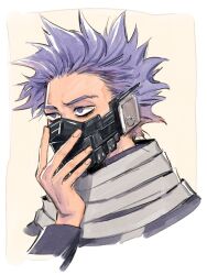 Rule 34 | 1boy, bags under eyes, boku no hero academia, border, cropped shoulders, faux traditional media, fingernails, grey scarf, long sleeves, looking ahead, male focus, mask, purple eyes, purple hair, rnuyvm, scarf, shinsou hitoshi, short hair, solo, spiked hair, white border