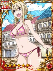 Rule 34 | 1girl, absurdres, alternate hairstyle, armpits, arms at sides, back-tie bikini, bikini, blonde hair, breasts, brown eyes, building, card (medium), city, cleavage, collarbone, curvy, day, english text, eyelashes, facing away, fairy tail, female focus, fingernails, hair between eyes, happy, highres, large breasts, legs, long hair, looking away, low twintails, lucy heartfilia, midriff, navel, neck, official art, open mouth, outdoors, pink bikini, print bikini, shiny skin, shiny swimsuit, side-tie bikini bottom, side bangs, sideboob, sidelocks, sky, smile, sparkle background, standing, star (symbol), star print, stomach, summer, sunlight, swimsuit, thighs, twintails, underboob, wide hips