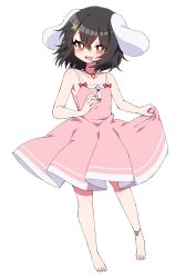 Rule 34 | 1girl, absurdres, alternate costume, animal ears, black hair, carrot necklace, clothes lift, commentary request, dress, dress lift, full body, hair between eyes, hair ornament, highres, inaba tewi, jewelry, lifting own clothes, looking at viewer, necklace, open mouth, orange eyes, pendant, pink dress, rabbit ears, rabbit girl, short hair, simple background, smile, solo, standing, touhou, tsukimirin, white background