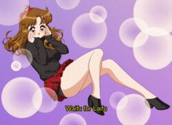 Rule 34 | 1990s (style), 1girl, ahoge, bare legs, black footwear, black panties, black shirt, black sleeves, blunt bangs, blurry, boots, bow, breasts, brown eyes, brown hair, bubble, commentary, commission, english commentary, english text, eyelashes, fake screenshot, fingernails, full body, hair bow, hands on own cheeks, hands on own face, high heel boots, high heels, large breasts, light blush, long hair, long sleeves, looking at viewer, miniskirt, nyahallo, open mouth, original, panties, pantyshot, parted bangs, plaid, plaid skirt, pleated skirt, purple background, red bow, red skirt, retro artstyle, shirt, simple background, skirt, sleeves past wrists, smile, solo, underwear