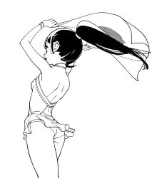 Rule 34 | 1girl, absurdres, arms up, ass, backless dress, backless outfit, bare legs, black hair, dress, figure skating dress, greyscale, halftone, highres, long hair, monochrome, open mouth, original, ponytail, simple background, smile, solo, tayama midori, white background