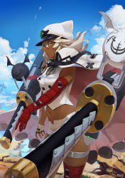 Rule 34 | 1girl, bandaged arm, bandaged leg, bandages, blue sky, cape, cloud, clover, creature, dark-skinned female, dark skin, familiar, fingerless gloves, floating, floating object, floating sword, floating weapon, four-leaf clover, gloves, guilty gear, guilty gear strive, hair between eyes, hat, highres, huge weapon, looking to the side, lucifero (guilty gear), midriff, navel, outdoors, peaked cap, platinum blonde hair, ramlethal valentine, rock, short shorts, shorts, sky, sword, thigh strap, thighs, unsomnus, vest, weapon, white cape, white gloves, white headwear, white shorts, white vest, yellow eyes