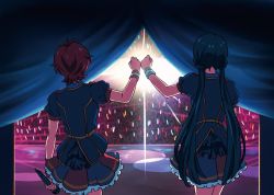 Rule 34 | 2girls, audience, backstage, blue hair, blue jacket, concert, curtains, fist bump, from behind, glowstick, highres, holding, holding microphone, idol, idol clothes, idolmaster, idolmaster million live!, indoors, jacket, julia (idolmaster), kitakami reika, long hair, low twintails, microphone, miniskirt, multiple girls, puffy short sleeves, puffy sleeves, red hair, royal starlet (idolmaster), short hair, short sleeves, skirt, spotlight, stage, standing, twintails, wanoji, wristband
