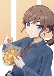 Rule 34 | 1girl, blue eyes, blue shirt, bread, brown background, brown hair, closed mouth, collared shirt, commentary request, food, hands up, highres, holding, holding food, id card, long hair, long sleeves, looking at viewer, melon bread, novi visual, original, ponytail, shirt, solo, two-tone background, upper body, white background