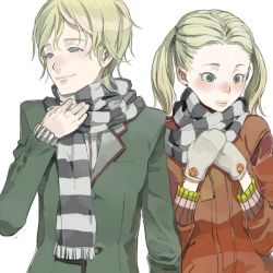 Rule 34 | 1boy, 1girl, blonde hair, blush, couple, fakepucco, gloves, green eyes, hetero, mittens, scarf, simple background, striped clothes, striped scarf, twintails, upper body, white background