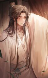Rule 34 | 1boy, bandaged neck, bandages, brown hair, chinese clothes, hair bun, highres, jewelry, long hair, long sleeves, looking to the side, male focus, necklace, orange eyes, parted bangs, ring, robe, tianguan cifu, very long hair, white hanfu, white robe, wide sleeves, xie lian, young57440489