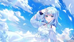 Rule 34 | 1girl, amatsuka uto, artist name, blue bow, blue eyes, blue hair, blush, bow, commentary, dress, english commentary, feathers, highres, indie virtual youtuber, long hair, off-shoulder dress, off shoulder, official art, open hand, parted lips, rosuuri, silver dress, sky, smile, solo, two side up, virtual youtuber