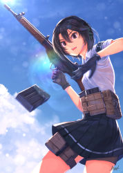 Rule 34 | 1girl, absurdres, bad id, bad pixiv id, black hair, blue sky, blurry, bokeh, brown eyes, day, depth of field, dreadtie, gloves, gun, hair ornament, hairclip, highres, magazine (weapon), motion blur, open mouth, original, outdoors, pleated skirt, short hair, signature, skirt, sky, solo, weapon