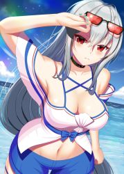 Rule 34 | 1girl, ahoge, aqua nails, arknights, aya-cis, bare shoulders, beach, black choker, blue shorts, breasts, choker, cleavage, collarbone, commentary request, cowboy shot, eyewear on head, hair between eyes, hand on forehead, hand up, highres, large breasts, long hair, looking at viewer, nail polish, navel, no headwear, off-shoulder shirt, off shoulder, official alternate costume, outdoors, partial commentary, red eyes, shirt, short shorts, short sleeves, shorts, silver hair, skadi (arknights), skadi (waverider) (arknights), solo, standing, stomach, sunglasses, thigh strap, very long hair, white shirt