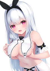 Rule 34 | 1girl, :d, alternate breast size, arm garter, black hairband, bow hairband, breast curtains, breast hold, breasts, commentary request, eyes visible through hair, hair between eyes, hairband, hands on own chest, hashiko nowoto, highres, long hair, looking at viewer, medium breasts, navel, nei (hashiko nowoto), open mouth, original, purple eyes, revealing clothes, simple background, skirt, smile, solo, stomach, upper body, very long hair, white background, white hair, white skirt