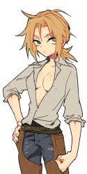Rule 34 | 1girl, bags under eyes, belt, blonde hair, breasts, center opening, chaps, clenched hand, collared shirt, dirty, expressionless, fantasy, female focus, green eyes, hand on own hip, highres, looking at viewer, low ponytail, medium breasts, messy hair, no bra, ootorii bisetsu, original, pants, partially unbuttoned, shirt, simple background, sleeves rolled up, solo, tomboy, torn clothes, tsurime, white background