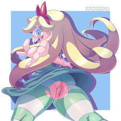 Rule 34 | 1girl, absurdres, anus, artist name, ass, bent over, blonde hair, blue eyes, blush, censored, cleft of venus, dress, embarrassed, from behind, green pantyhose, hairband, heart cheeks, highres, horns, kaikoinu, looking at viewer, looking back, no panties, open mouth, pantyhose, pointless censoring, pussy, simple background, solo, star butterfly, star vs the forces of evil, torn clothes, torn pantyhose, white background