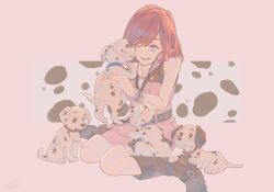 Rule 34 | 101 dalmatians, 1girl, animal, bare shoulders, blue collar, blue eyes, boots, collar, dalmatian, dalmatian print, dog, dress, full body, highres, holding, holding animal, holding dog, hood, hood down, hooded dress, jewelry, kairi (kingdom hearts), kingdom hearts, kingdom hearts iii, kneeling, licking, licking another&#039;s face, necklace, one eye closed, open mouth, pink background, pink dress, puppy, red collar, red hair, short hair, sleeveless, sleeveless dress, smile, twilight yuuhi, wristband