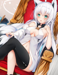 Rule 34 | 1girl, adapted costume, ahoge, animal ears, aqua eyes, bare shoulders, black thighhighs, blush, breasts, cleavage cutout, clothing cutout, crossed legs, detached sleeves, embarrassed, fang, feet out of frame, fox ears, fox girl, hair between eyes, hair down, highres, hololive, kitsune, long hair, looking at viewer, medium breasts, multiple tails, navel, on chair, parted lips, rimamo, shiny clothes, shiny legwear, shirakami fubuki, shirakami fubuki (1st costume), single thighhigh, sitting, solo, tail, thighhighs, throne, virtual youtuber, white hair, white sleeves, wide sleeves