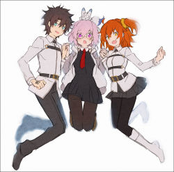 Rule 34 | 1boy, 2girls, ahoge, aqua eyes, black-framed eyewear, black dress, black footwear, black pants, black pantyhose, black skirt, blush, boots, brown footwear, brown hair, chaldea uniform, collared dress, commentary request, creature, dress, fate/grand order, fate (series), fou (fate), fujimaru ritsuka (female), fujimaru ritsuka (male), glasses, hair between eyes, hair ornament, hair scrunchie, hakusai (tiahszld), holding, holding hands, interlocked fingers, jacket, jumping, long sleeves, looking at viewer, mash kyrielight, miniskirt, multiple girls, necktie, one side up, open mouth, orange eyes, orange hair, orange scrunchie, pants, pantyhose, pleated skirt, purple eyes, purple hair, red neckwear, scrunchie, short hair, simple background, skirt, smile, white background, white footwear, white jacket