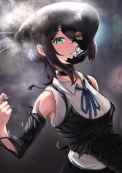 Rule 34 | 1girl, absurdres, armpits, black hair, blush, bomb devil (chainsaw man), breasts, chainsaw man, collar, collared shirt, detached sleeves, green eyes, grenade pin, grin, hair bun, highres, looking at viewer, medium breasts, neck ribbon, nuclear weapon, potemaka, reze (chainsaw man), ribbon, shirt, sleeveless, sleeveless shirt, smile, smoke, solo, torn clothes, torn sleeves, vest