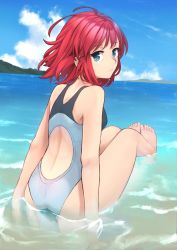Rule 34 | 1girl, absurdres, alternate costume, ass, back, back cutout, beach, blue eyes, blue sky, closed mouth, clothing cutout, cloud, commentary, competition swimsuit, day, english commentary, fav faris, floating hair, from behind, highres, hisui (tsukihime), looking at viewer, ocean, one-piece swimsuit, outdoors, partially submerged, red hair, short hair, sitting, sky, solo, swimsuit, tsukihime, water