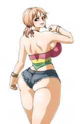 Rule 34 | 1girl, ass, bare shoulders, breasts, brown eyes, cleavage, cutoffs, denim, denim shorts, highres, huge breasts, looking at viewer, looking back, nami (one piece), one piece, orange hair, parted lips, short shorts, shorts, sideboob, smile, solo, wrato