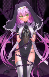 Rule 34 | 1girl, black dress, black veil, chain, cross, cuffs, demon tail, demon wings, dress, fang, green eyes, hair between eyes, handcuffs, highres, hololive, long hair, looking at viewer, nun, open mouth, own hands together, purple hair, solo, tail, thighhighs, tokoyami towa, veil, virtual youtuber, white thighhighs, wings, z.m. (zimin)
