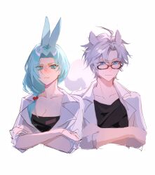 Rule 34 | 1boy, 1girl, :3, absurdres, animal ears, aqua eyes, aqua hair, black shirt, breasts, chinese commentary, cleavage, closed mouth, collarbone, commentary request, crossed arms, daoyu97819, enomoto noa, glasses, grey hair, hair bobbles, hair ornament, highres, kanou aogu, kemonomimi mode, lab coat, large breasts, low ponytail, open clothes, parted bangs, rabbit ears, rabbit girl, saibou shinkyoku, shirt, short hair, side ponytail, simple background, sketch, sleeves rolled up, squirrel boy, squirrel ears, squirrel tail, tail, white background