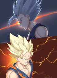 Rule 34 | 2boys, alternate eye color, blonde hair, clenched teeth, commentary, dougi, dragon ball, dragon ball super, dragon ball super super hero, dragonball z, father and son, gohan beast, grey hair, highres, jenxd d, large pectorals, male focus, multiple boys, muscular, muscular male, pectorals, red eyes, signature, son gohan, son goku, super saiyan, super saiyan 1, symbol-only commentary, teeth, torn clothes