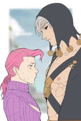 Rule 34 | 2boys, abs, black sclera, braid, braided ponytail, colored sclera, freckles, goe botan, hat, jojo no kimyou na bouken, long hair, male focus, multiple boys, pink hair, red eyes, risotto nero, size difference, sweat, sweater, vento aureo, vinegar doppio