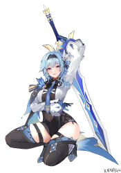 Rule 34 | 1girl, absurdres, arm up, artist name, black hairband, blue cape, blue gloves, blue hair, blue necktie, boots, breasts, cape, chinese commentary, eula (genshin impact), genshin impact, gloves, greatsword, hair ornament, hairband, high-waist shorts, highres, large breasts, long sleeves, looking at viewer, medium hair, necktie, orange eyes, parted lips, shorts, side cape, sidelocks, simple background, skindentation, solo, song of broken pines (genshin impact), squatting, sword, sword behind back, thigh boots, thighs, vision (genshin impact), weapon, white background, white sleeves, wide sleeves, xnnagu