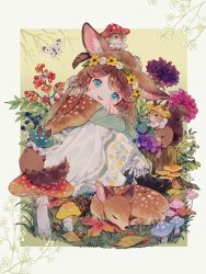 Rule 34 | 1girl, acorn, animal, animal ear fluff, animal ears, animal on head, arms on knees, autumn leaves, berry, black footwear, blue eyes, border, brown capelet, brown hair, bug, butterfly, capelet, commentary, conago2, deer ears, ears through headwear, fawn, floral print, flower, flower wreath, fly agaric, food, from side, fruit, full body, grapes, grass, head on hand, head wreath, insect, knees up, lace, lace-trimmed skirt, lace trim, leaf, light blush, long hair, long sleeves, mushroom, on grass, on head, open mouth, original, outdoors, outside border, pinecone, pink flower, plant, purple flower, shoes, sitting, skirt, smile, solo, squirrel, symbol-only commentary, tree stump, white border, white butterfly, white skirt, yellow background