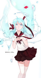 Rule 34 | 1girl, aqua eyes, aqua hair, bottle miku, character name, cotta, fish, floating hair, hatsune miku, highres, liquid hair, long hair, own hands clasped, own hands together, school uniform, serafuku, simple background, skirt, solo, thighhighs, twintails, very long hair, vocaloid, water, white background