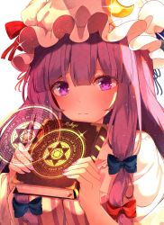 Rule 34 | 1girl, bad id, bad twitter id, blue bow, book, bow, breasts, commentary, crescent, crescent pin, frown, glitter, hair bow, hat, hat bow, highres, holding, holding book, large breasts, looking at viewer, magic circle, mob cap, mukyuu, nail polish, patchouli knowledge, purple eyes, red bow, shangurira, simple background, solo, touhou, upper body, white background