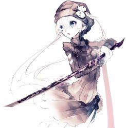 Rule 34 | 1girl, character request, copyright request, green eyes, hat, highres, katana, lace, looking to the side, open mouth, pale color, pale skin, riuichi, short hair with long locks, simple background, sketch, snowman, solo, stance, sword, upper body, weapon, white hair, white theme