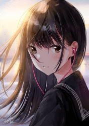Rule 34 | backlighting, black hair, black sailor collar, black serafuku, black shirt, blush, brown eyes, closed mouth, commentary request, day, earphones, fog, from side, highres, kazuharu kina, long hair, looking at viewer, looking to the side, original, outdoors, sailor collar, school uniform, serafuku, shirt, signature, smile, solo, sunlight, upper body