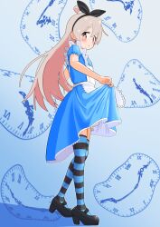 Rule 34 | 1girl, absurdres, ahoge, apron, black bow, black footwear, bloomers, blue background, blue dress, blue thighhighs, blush, bow, bow hairband, brown eyes, clothes lift, colored inner hair, commentary request, dress, dress lift, frilled apron, frills, from side, full body, grey hair, hair between eyes, hairband, happyundergate, high heels, highres, lifting own clothes, long hair, looking at viewer, looking to the side, mary janes, medium dress, multicolored hair, onii-chan wa oshimai!, oyama mahiro, pink hair, shoes, short sleeves, solo, standing, striped clothes, striped thighhighs, tareme, thighhighs, two-tone hair, underwear, white apron, white bloomers