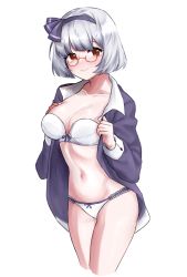 Rule 34 | 1girl, adapted costume, bad id, bad pixiv id, black hairband, black pajamas, black ribbon, blush, bob cut, bra, breasts, cleavage, collarbone, commentary request, commission, eyelashes, glasses, hair ribbon, hairband, highres, konpaku youmu, medium breasts, midriff, navel, no pants, open clothes, pajamas, panties, red-framed eyewear, red eyes, ribbon, ribbon bra, ribbon panties, round eyewear, short hair, silver hair, small breasts, stomach, taeminhyeon, touhou, unbuttoned, underwear, white bra, white panties