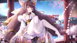Rule 34 | 1girl, animal ears, ass, azur lane, bow, breasts, brown eyes, brown hair, cloud, commission, detached sleeves, feet, finger to mouth, hair bow, harutsuki (azur lane), highres, japanese clothes, kimono, knees up, leaning back, legs, long hair, manman manyou haiyang de paomo, no shoes, outdoors, panties, panties under pantyhose, pantyhose, pixiv commission, ribbon, short kimono, sideboob, sitting, sky, soles, solo, thighband pantyhose, thighs, toes, torii, underwear, very long hair, white kimono, white panties, white pantyhose, white sleeves