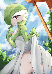 Rule 34 | 1girl, absurdres, blush, breasts, clothes lift, cloud, cloudy sky, creatures (company), day, dress, dress lift, frown, game freak, gardevoir, gen 3 pokemon, green hair, hair over one eye, highres, large breasts, lingnerpoi, nintendo, outdoors, pokemon, pokemon (creature), pussy juice, pussy juice drip, pussy juice trail, red eyes, short hair, sky, solo, tearing up, tree, white dress