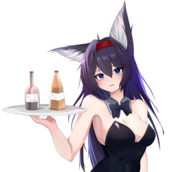 Rule 34 | 1girl, absurdres, animal ear fluff, animal ears, arknights, arm at side, armpits, bare shoulders, black bow, black bowtie, black leotard, blaze (arknights), blue eyes, blush, bottle, bow, bowtie, breasts, cleavage, commentary, covered navel, drink, eyes visible through hair, hair between eyes, hairband, hand up, highres, holding, holding tray, leotard, long hair, looking at viewer, medium breasts, parted lips, playboy bunny, purple hair, qing jingze ying official, red hairband, simple background, skin tight, solo, strapless, strapless leotard, traditional bowtie, tray, upper body, white background