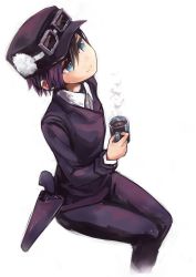 Rule 34 | 00s, 1girl, alternate hair color, bad id, bad pixiv id, black hair, blouse, blue eyes, coffee, collared jacket, collared shirt, cup, dress shirt, formal, fur hat, goggles, gun, handgun, hat, highres, holster, holstered, jacket, kaneni, kino (kino no tabi), kino no tabi, looking up, revolver, shirt, simple background, sitting, smile, solo, steam, suit, thighs, tomboy, weapon, white background, white shirt