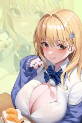 Rule 34 | 1girl, absurdres, blonde hair, blue cardigan, blue skirt, blush, bow, bowtie, bra, breasts, brown eyes, cake, cardigan, cleavage, closed mouth, ear piercing, earrings, food, gaosu gong lu, goddess of victory: nikke, hair ornament, highres, holding, holding spoon, huge breasts, jewelry, large breasts, looking at viewer, applying manicure, nail, nail polish, partially unbuttoned, piercing, ring, shirt, sitting, skirt, smile, solo, spoon, tia (nikke), tongue, tongue out, underwear, white shirt, zoom layer