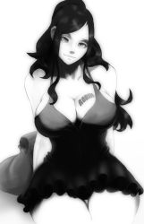 Rule 34 | 1girl, alternate hairstyle, arms at sides, backpack, bag, bare shoulders, black dress, black hair, body writing, breasts, character name, cleavage, closed mouth, collarbone, cowboy shot, curvy, dress, eyelashes, female focus, frilled skirt, frills, greyscale, highres, large breasts, legs, long hair, looking at viewer, microdress, monochrome, nico robin, one piece, ponytail, shado.tan, short dress, simple background, sitting, skirt, sleeveless, sleeveless dress, smile, solo, thick thighs, thigh gap, thighs, white background, wide hips
