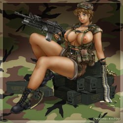Rule 34 | 1girl, aai corporation, absurdres, airtronic usa, ammunition, ammunition box, artist name, boots, border, breasts, breasts out, bullet, camouflage, camouflage background, colt&#039;s manufacturing company, colt defense, curvy, diemaco, fingerless gloves, gloves, grenade launcher, gun, highres, huge breasts, knight&#039;s armament company, large areolae, large breasts, lewis machine and tool company, looking at viewer, m203, machine gun, military, military vest, nipples, phaia, puffy nipples, rm equipment, short hair, solo, spunky knight, topless, trigger discipline, u.s. ordnance, underbarrel grenade launcher, vest, weapon, youhei kozou