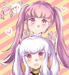 Rule 34 | 2girls, alternate hairstyle, bad id, bad twitter id, closed eyes, closed mouth, female focus, fire emblem, fire emblem: three houses, highres, hilda valentine goneril, hk842po, long hair, lysithea von ordelia, matching hair/eyes, multiple girls, nintendo, open mouth, pink eyes, pink hair, simple background, smile, twintails, white hair