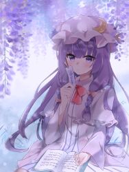 Rule 34 | 1girl, absurdres, blue bow, blush, book, book on lap, bookmark, bow, bowtie, closed mouth, commentary, crescent, crescent hat ornament, dress, floral print, flower, hair bow, hat, hat ornament, hidukihumi, highres, holding bookmark, long hair, long sleeves, looking at viewer, mob cap, open book, outdoors, patchouli knowledge, purple eyes, purple flower, purple hair, red bow, red bowtie, sitting, solo, striped clothes, striped dress, touhou, vertical-striped clothes, vertical-striped dress, wisteria, wisteria print