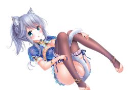 Rule 34 | 1girl, :o, animal ears, between legs, black thighhighs, blue dress, blue eyes, blue ribbon, blush, bow, bowtie, breasts, bridal legwear, cat ears, cat girl, cat tail, china dress, chinese clothes, cleavage, commentary request, dress, fang, feet, frilled thighhighs, frills, hair between eyes, hand on leg, holding, jewelry, large areolae, long hair, looking at viewer, lying, medium breasts, no shoes, on back, original, parted lips, pink lips, ponytail, puffy short sleeves, puffy sleeves, ribbon, ring, sakura moyon, short sleeves, sidelocks, silver hair, simple background, solo, tail, tail between legs, thighhighs, toeless legwear, toes, wallpaper, white background
