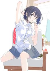 Rule 34 | 1girl, arm up, aspara, blue hair, bottle, chair, dress shirt, food, grey eyes, hair between eyes, hand in own hair, hand up, highres, holding, holding food, indoors, looking at viewer, original, pleated skirt, popsicle, school uniform, shirt, short hair, short sleeves, simple background, sitting, skirt, solo, white background, white shirt, window