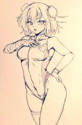 Rule 34 | 1girl, :o, alternate costume, bandaged arm, bandages, bare legs, breasts, bun cover, commentary request, competition swimsuit, covered navel, cowboy shot, cuffs, d-m (dii emu), double bun, eyelashes, greyscale, hair bun, hand on own chest, ibaraki kasen, leaning forward, looking at viewer, monochrome, one-piece swimsuit, open mouth, short hair, sketch, swimsuit, touhou, traditional media