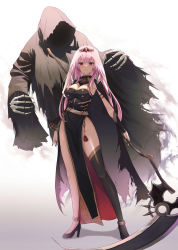 Rule 34 | 1girl, absurdres, asymmetrical legwear, breasts, cleavage, cloak, death (entity), dress, full body, grim reaper, high heels, highres, holding, holding scythe, hololive, hololive english, hood, hooded cloak, large breasts, long hair, looking at viewer, mori calliope, mori calliope (1st costume), okey, pink hair, red eyes, scythe, side slit, single thighhigh, thighhighs, thighs, tiara, uneven legwear, veil, virtual youtuber