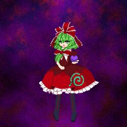 Rule 34 | 1girl, absurdres, black footwear, boots, bow, cross-laced footwear, dress, frilled dress, frills, front ponytail, full body, green eyes, green hair, hair bow, hair ribbon, heart, highres, kagiyama hina, looking at viewer, pixel art, purple background, red bow, red dress, red ribbon, ribbon, ruru2koichi, solo, touhou