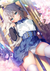 Rule 34 | 1girl, aqua eyes, bag, bench, blue skirt, breasts, cherry blossoms, cherry tree, closed mouth, collared shirt, commentary request, covered erect nipples, day, hair ornament, hair scrunchie, highres, kino (kino konomi), lens flare, light brown hair, long hair, looking at viewer, lying, on back, original, panties, panties day, park bench, pleated skirt, school bag, school uniform, scrunchie, shirt, skirt, small breasts, smile, solo, striped clothes, striped panties, thighhighs, thighs, underwear, white panties, white shirt